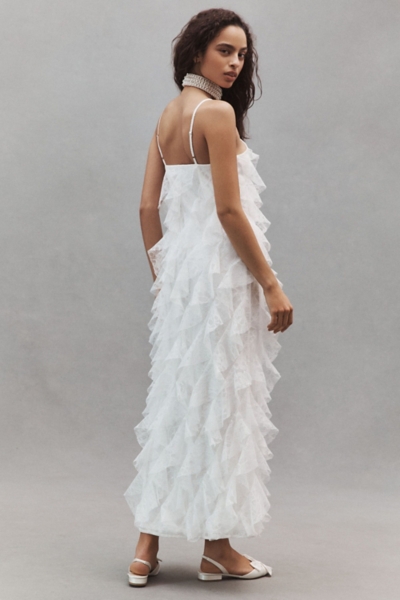 bias cut ruffle dress Jia Bias-Cut Lace Ruffled V-Neck Gown