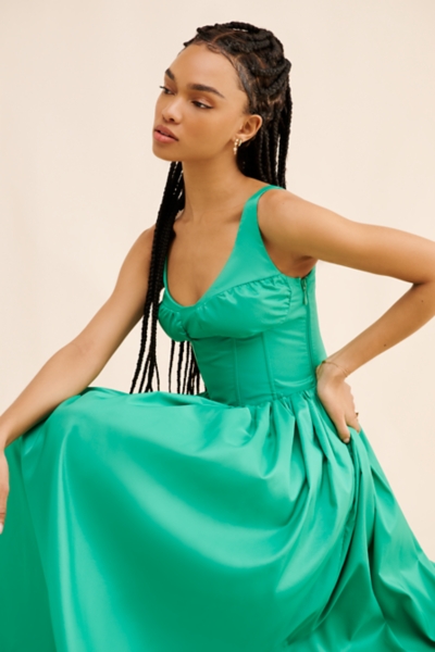 green corset dress midi Olive Corset Satin Off Shoulder Midi Dress – The FEO Collection main image 1