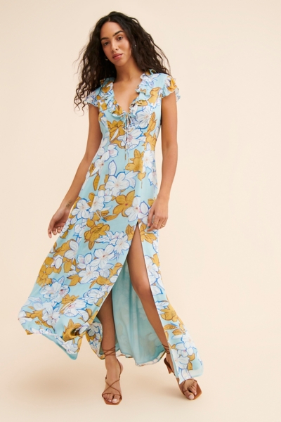 knee length dresses for ladies Renesmee Pink Floral Chiffon Maxi Dress - US 12