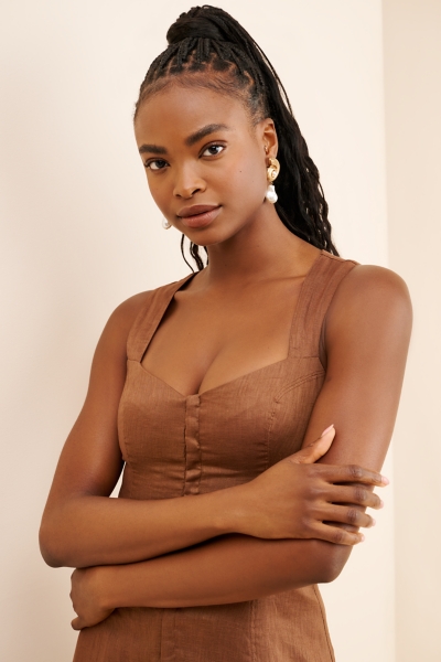 linen brown maxi dress Daphne Brown Linen Maxi Dress – Pleated Lace Cutwork