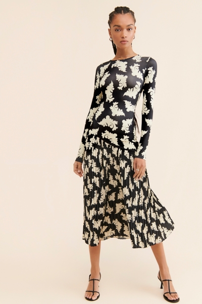 knee length dresses for ladies Blue Spot Print Pleated Midi Dress