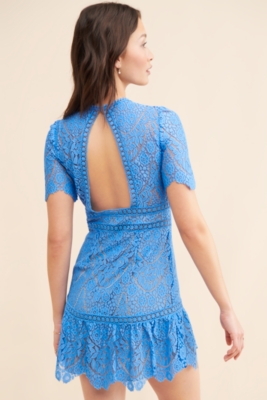 Saylor Darian Dress in Blue Lace Lined high quality Mini Dress Open Back Women's Size Large