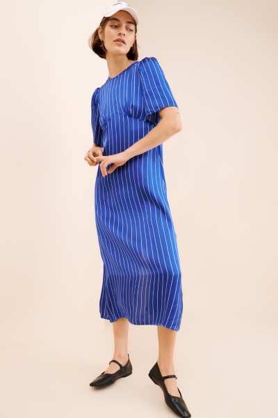 pin stripe midi dress Pinstripe Denim Back Strapless Midi Sheath Dress