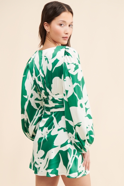 knee length dresses for ladies Green Satin Long Sleeve Frill Bella Mini Dress main image 0