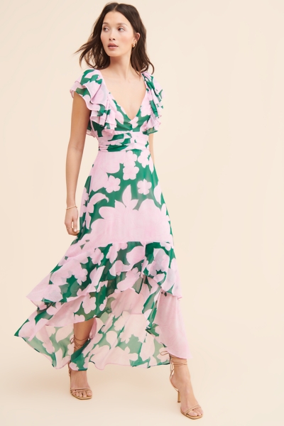 chinese dress ladies Full On | Hot Pink V-Neck Ruffle Maxi Dress main image 0