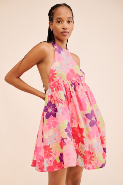 open lace back dress Meluse Pink Floral Mini Dress - US 14