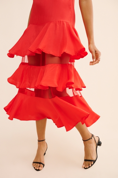 let me be sleeveless sheer tiered midi dress Let Me Be Sheer Tulle Tiered Dress