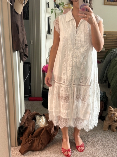knee length dresses for ladies Waitlist 5/28  Petal Sleeveless Floral Eyelet Lace Midi Dress White Small