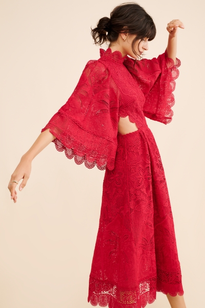 white christmas dresses Ginnee Puff Sleeve Cutout Midi Dress - Red