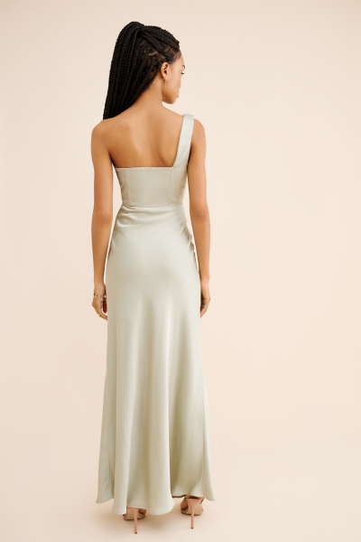 silk one shoulder maxi dress Bow One-Shoulder Satin Trumpet Gown in Blue
