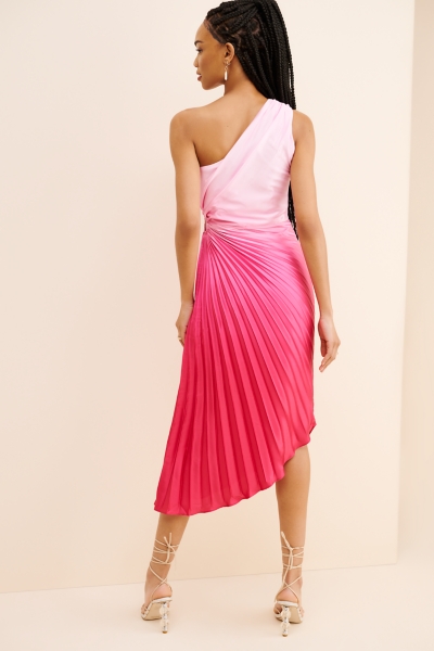 strapless open back dress Metallic One Shoulder Pleated Lace Up Back Trumpet Dress with Side Cascade Missy / 0 / Dark-Green main image 0