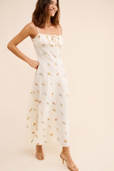sweetheart style mauve polka dot bustier tiered midi dress Prosperina Andromeda Midi Dress In Navy Polka Dot Cotton