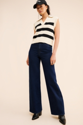 【Anyone more】Miya Black Blue Wash Denim Wide Pants Wide-leg denim jeans, navy | 