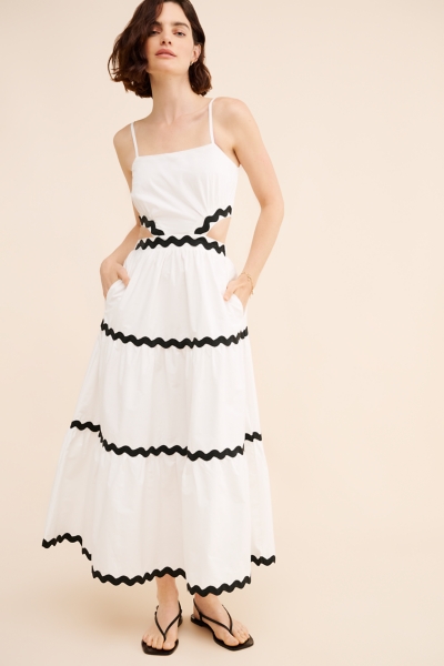 white christmas dresses Cut Out Floral Sheer Lace Detail Tiered Long Sleeve Front Button Maxi Dress main image 1