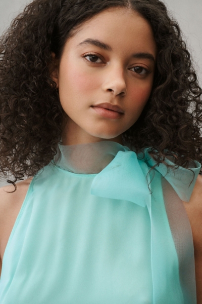 bhldn sophia high neck bow tie organza mini dress BHLDN Sophia High-Neck Bow-Tie Organza Mini Dress at MarketFair Shoppes in  Princeton, NJ