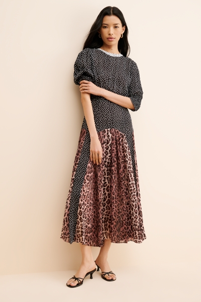 knee length dresses for ladies Rixo Meg Leopard Midi Dress Leopard Polka Dot
