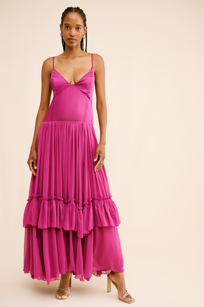 orange and purple maxi dress Floral Corset Maxi Dress with Lace Trim