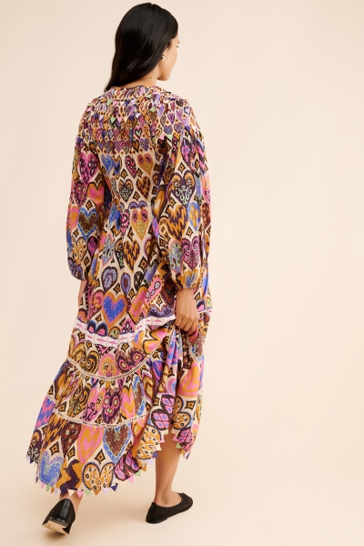 chinese dress ladies Rust Ikat Printed Tiered Maxi Dress with Thread Embroidery main image 0