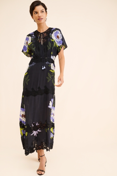 dot lace dress Black Polka Dot Lace Trim V-Neck Maxi Dress main image 0
