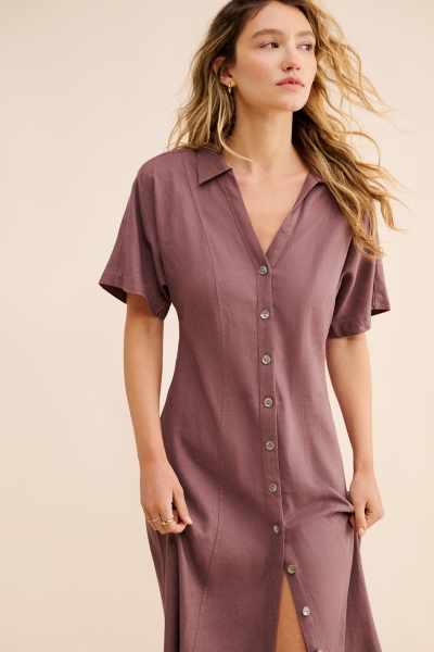 knee length dresses for ladies MIALEIGH ELBOW SLEEVE LINEN DRESS, BARTON BLUE – Palm Place