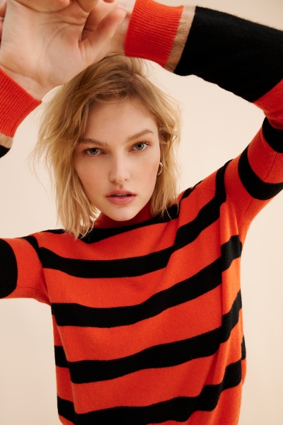 Camel Mock Neck Stripe Trim Sweater with Leo Pocket main image 0