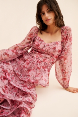 knee length dresses for ladies Floral Lace Tiered Long Sleeve Maxi Dress main image 0
