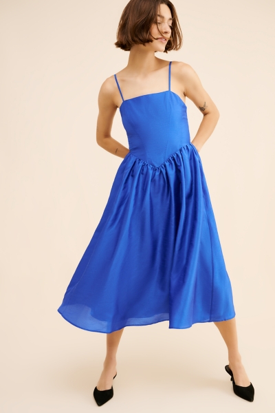 knee length dresses for ladies Navy Blue Sleeveless Front Zip Midi Dress main image 1