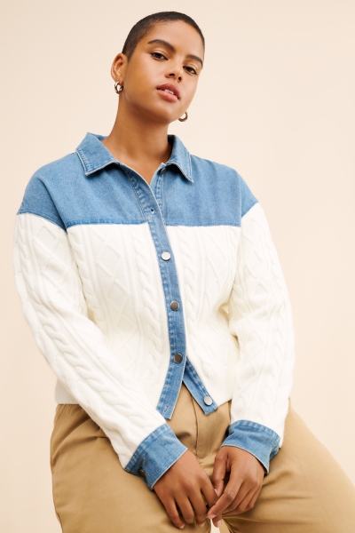 Denim Cable Mix Cardigan Sweater | Nuuly