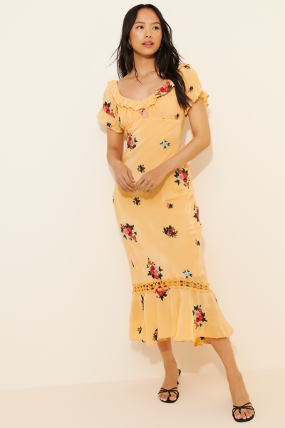 satin asymmetric neckline midi dress Satin Asymmetrical Midi Dress Light Yellow / S