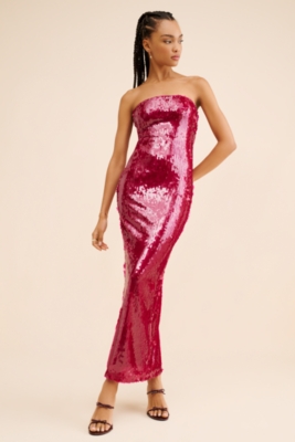パーティードレス Sequined Strapless Gown Dress STRAPLESS SEQUIN DRESS WITH BEADED DRAPED SHOULDERS CDCD290