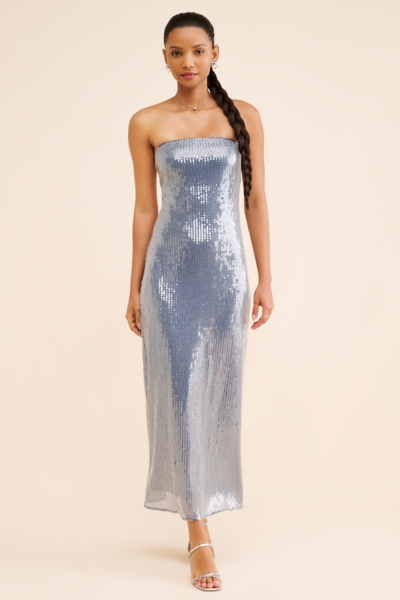 knee length dresses for ladies Eadward Strapless Metallic Midi Dress In Silver – Mew Mews main image 0