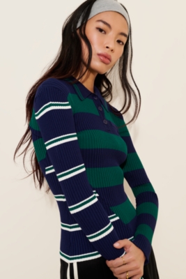 『ル様　専用』Stripe Rib Polo Dress M Striped Ribbed Polo Dress