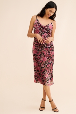 Velvet Burnout Cowl Neck Midi Dress