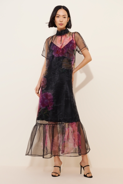 Carina Short-Sleeve High-Neck Organza Midi Dress | Nuuly