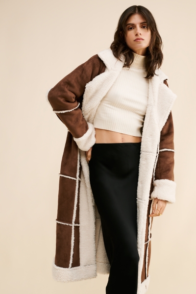 knee length dresses for ladies End Of Beginning Faux Fur Longline Jacket Beige main image 1
