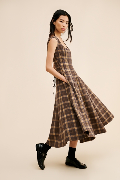 brown tartan dress The Evette Mocha Brown Tartan Plaid Cotton Zip Front Midi Dress main image 0