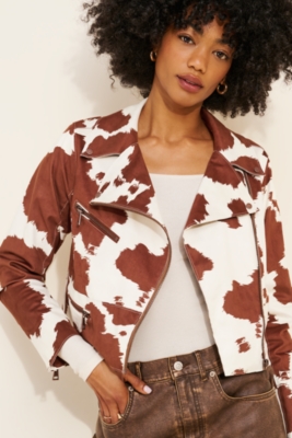 Cow Print Vegan Suede Moto Jacket