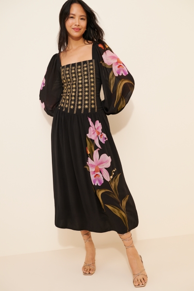 knee length dresses for ladies Women's Navy & Purple Floral Print Midi Dress main image 0