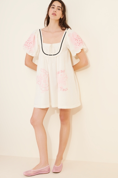 uo embroidered puff sleeve babydoll dress Plaid Babydoll Tulle Dress M Mocha by Lane 201