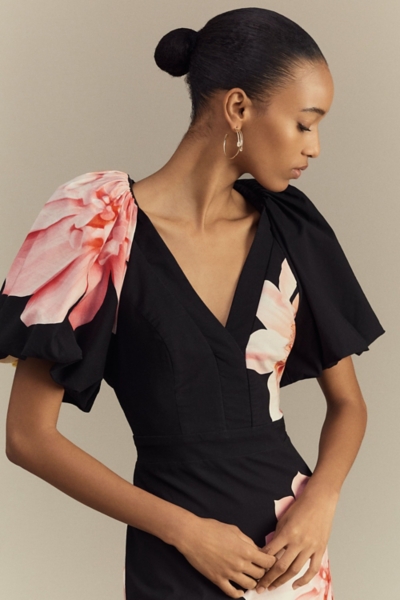 Brooke Puff-Sleeve V-Neck Midi Dress | Nuuly
