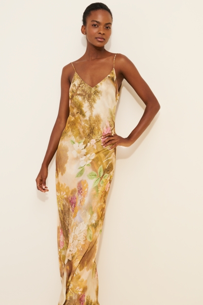 slim fit dress slacks Metallic Print V-Neck Backless Slip Long Dress