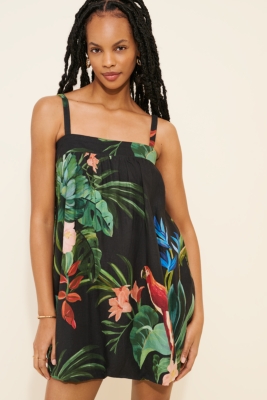 ワンピースその他 FARM Rio Midnight Macaw Fiesta black mini dress in linen ble FARM Rio Midnight Macaw Fiesta Black Sleeveless Mini Dress