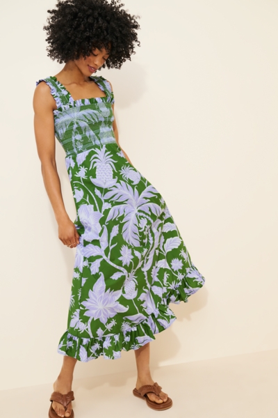 knee length dresses for ladies Farm Rio Monstera Linen Midi Dress in Multi main image 0