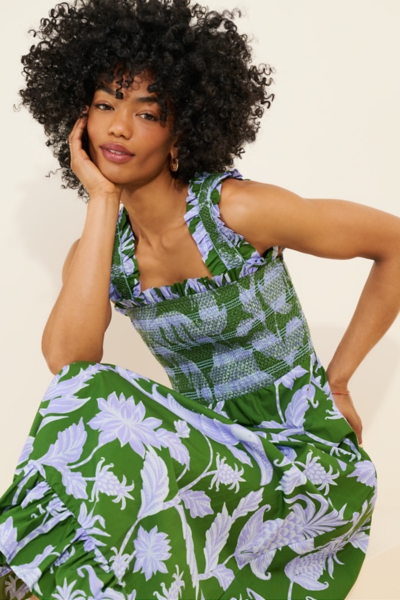 green tropical swing sleeveless midi dress Kelly Green and Cream Tropical Leaf Print Midi Dress main image 1