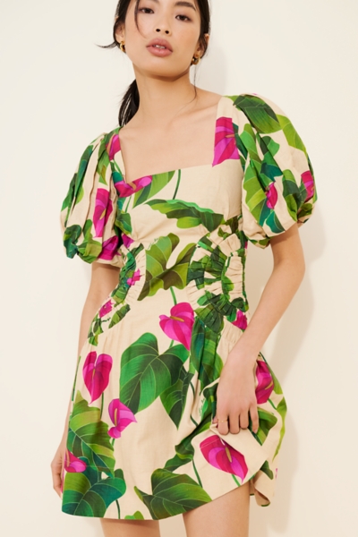 puff sleeve mini dress First Impression Beige Floral Jacquard Puff Sleeve Mini Dress main image 0