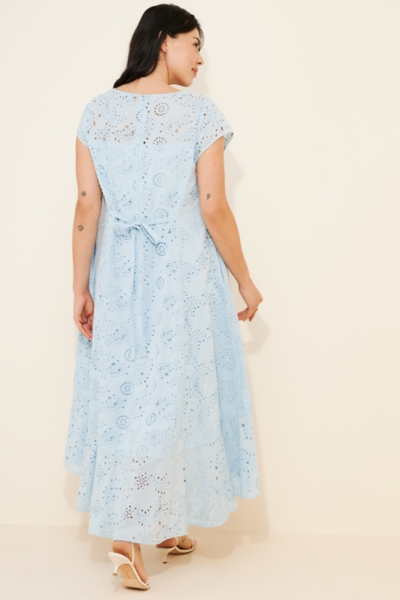 Short Sleeve Flounce Eyelet High-Low Midi Dress | Nuuly