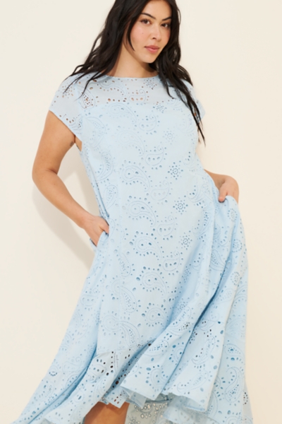 Short Sleeve Flounce Eyelet High-Low Midi Dress | Nuuly