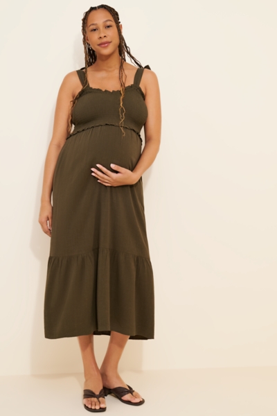 chinese dress ladies Shirred Midi Dress - Premium Cotton Linen Fabric main image 0