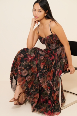 Amara Corset Pleated Tulle Fit & Flare Midi Dress