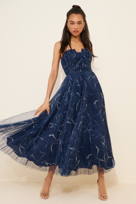 Chelsea & Violet Plisse Satin Ruffle Deep V-Neck Long
